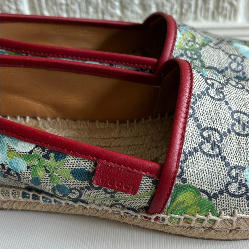Gucci Blooms Supreme blue floral  Espadrilles red leather trim - Picture 8 of 12